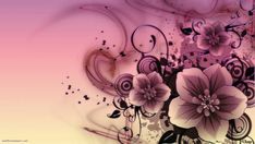 an artistic painting with flowers and swirls on the bottom half of the image, in shades of purple