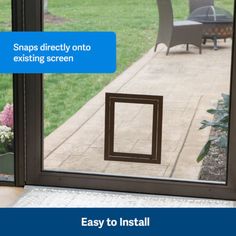 an open sliding glass door with the words easy to install on it in front of a patio