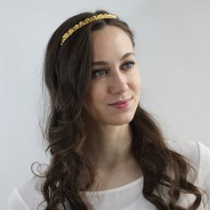 Arched solid gathered lace hair band with silk ribbons. The lace is delicate 1930s French Calais lace used for lingerie. Dipped in 24k gold. The hair band is tied in the back. Light Summer Dresses, Silk Ribbon, Hair Piece, Hair Band, Brooches