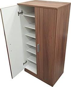 an open cabinet with shelves and doors on both sides, showing the bottom part of the door