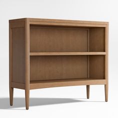 a wooden bookcase with two shelves on one side and an open shelf on the other