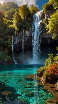 a painting of a waterfall in the middle of a lake surrounded by trees and flowers