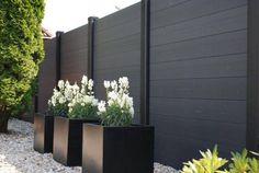 three black planters with white flowers in them next to a fence and shrubbery