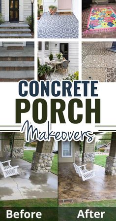 the before and after photos of concrete porch makeovers in front of a white house