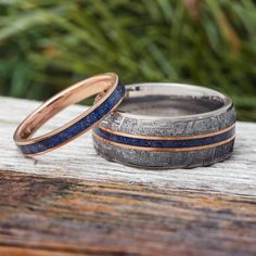 Blue Goldstone Wedding Band Set Wedding Band Rings Couple, 2023 Rings, Unique Wedding Bands Matching, His And Hers Wedding Bands, Meteorite Wedding Rings, Mens Wedding Rings Unique, Blue Wedding Band, Meteorite Wedding Band, Medieval Wedding