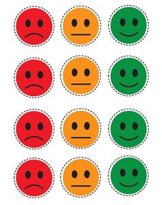 six red, green and yellow smiley faces with black dots in the shape of circles