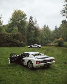 two cars are parked in the grass near each other