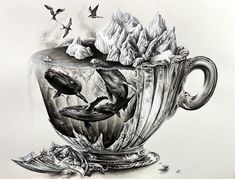 a drawing of a cup with birds flying around it