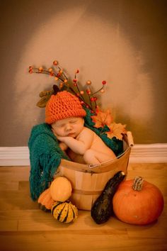 a baby sleeping in a basket with autumn decorations