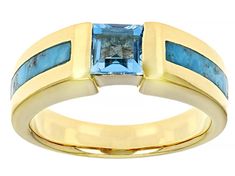 Pre-Owned Southwest Style By JTV™ .70ct Square Swiss Blue Topaz & Inlay Composite Turquoise 18k Yellow Gold Over Silver Ring. Measures approximately .24"W. Not sizeable. This product contains composite turquoise. This means separate pieces of turquoise were bound together..  This product may be a customer return, vendor sample, or on-air display and is not in its originally manufactured condition.  It may not be new.  In some instances, these items are repackaged by JTV. Ring Ideas, Southwest Style, Swiss Blue Topaz, Blue Turquoise, Turquoise Blue, Blue Topaz, Spring Summer Fashion, Gold Ring, Silver Ring