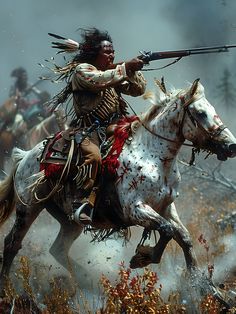 a native american man riding on the back of a white horse