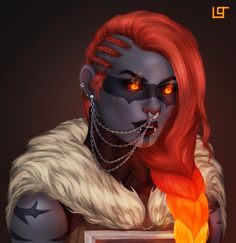 a digital painting of a woman with red hair and piercings holding a fire lit box