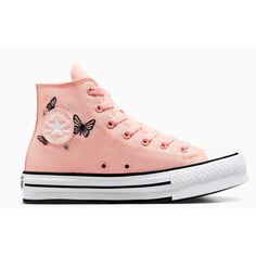 New With Box Us Kids 3.5 / Uk3 / Eur35.5 Classic Canvas Upper For That Timeless Chucks Look And Feel Soft Underfoot Cushioning Helps Support Comfortable Play Eva Injected Outsole For Optimal Comfort And A Boost In Height Embroidered Butterflies Along The Heel Patch And Eyerow Adds A Hint Of Summer Whimsy Time-Tested Chuck Taylor Patch And All Star License Plate Combo For The Vintage Vibe Converse All Star Pink, Purple Trainers, Converse Tennis Shoes, Embroidered Butterflies, High Tops Sneakers, Converse Shoes Womens, Rose Gold Sneakers, Vintage Converse, Top Sneakers Women