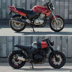 two pictures of a red and black motorcycle