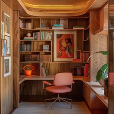 a room with a desk, chair and bookshelf