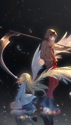 two anime characters standing in front of a dark background with stars and an angel wing