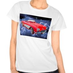 a women's white t - shirt with an image of a red classic car