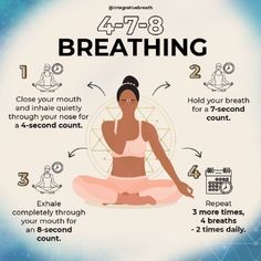 a woman sitting in the middle of a yoga pose with instructions on how to do breathing