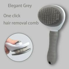 a close up of a hair brush with the words elegant grey one click hair removal comb