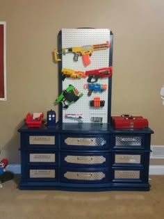 Tool chest dresser makeover Tool Box Toy Storage, Big Dresser Makeover, Tool Chest Dresser, Boys Dresser Makeover, Boys Dresser Ideas, Diy Dresser Makeover Kids, Dresser Makeover Kids, Boys Dressers, Above Dresser Decor