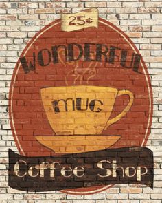 a brick wall with a sign that says wonderful muc coffee shop on the side