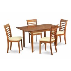 a wooden table with four chairs around it and one chair on the other side,