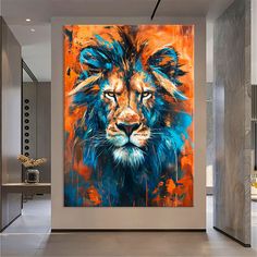 a painting of a lion is on display in a modern room with an open door