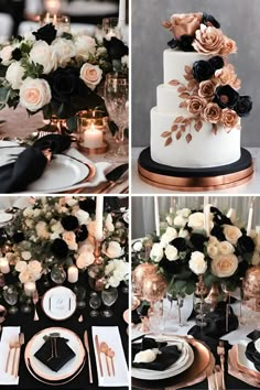 four different shots of a wedding cake with flowers on the top, and black and white decor