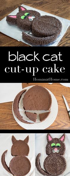 black cat cut - up cake on a white plate