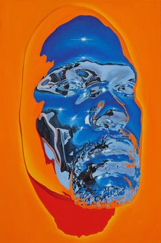 an abstract painting of a man's face in blue and orange