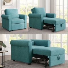 three different views of the same chair and ottoman