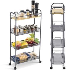 two metal shelves with food and drinks on them