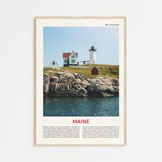 the maine lighthouse is featured in this framed poster, which features an image of it's light house