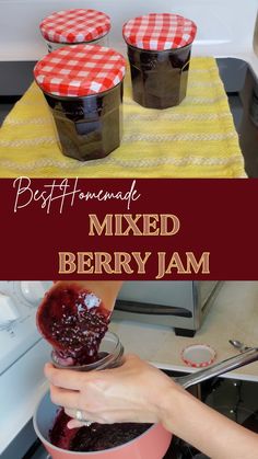 homemade mixed berry jam in jars being spooned into a bowl with the lid open