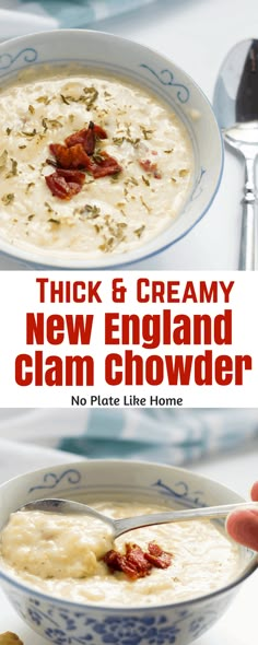 there is a bowl of creamy new england clam chowder