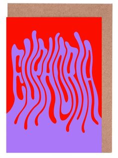 a red and purple card with wavy lines on the bottom, in front of a blue background