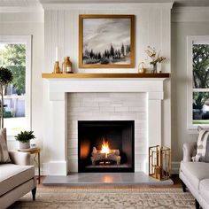 a living room filled with furniture and a fire place under a painting on the wall