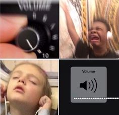 four different pictures with the same person laughing and listening to music on headphones, while another shows an alarm clock