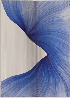 an abstract painting in blue and white with wavy lines on the bottom half of it