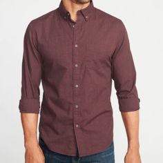 Brand: Old Navy Size: Xxl Color: Burgundy Fabric: 55% Cotton, 45% Polyester Pointed Button-Down Collar Seamed Back Yoke, With Center Box Pleat Long Sleeves, With Buttoned Cuffs And Buttoned Sleeve Plackets Patch Pocket At Chest Seven-Button Placket Lightweight, Soft-Washed Heathered Poplin Slim Through The Sleeves And Chest, With A Tailored Waist. New With Tag ***All Measurements Are Approximate & Measured While Lying Flat & Unstretched*** 327ks Burgundy Shirt, Burgundy Fabric, Old Navy Shirts, Navy Shirts, Navy Shirt, Poplin Shirt, Button Down Collar, Casual Shirts For Men, Casual Button Down Shirts