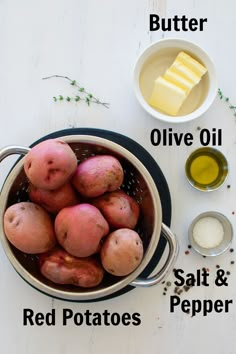 potatoes in a pot with butter, olive oil, salt and pepper on the side