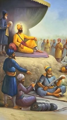 a painting of men sitting on the ground in front of a group of other people