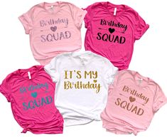 "Personalized Text Name and Year Birthday Party Group Shirts,Birthday Squad Group Photo Shirts,Women Birthday Squad Shirts ----- About Us ----- All TeaShirtUS shirts use the highest quality material for ultra-soft and comfortable wear. Most importantly all of our shirts are printed using the most advanced apparel printer to ensure vibrant colors and detailed graphics. ----- How To Order ----- 1-) Please, check and review all the photos. 2-) Choose your t-shirt size and color. *Different styles of shirts may have different shades of same color choice due to different manufacturer brands. *For this reason, we recommend you to match shirts from the same styles if you want precisely matching colors (ex. Unisex, V-necks, Toddler, etc.). 3-) Click add to cart. You can go back to add more shirts. Group Birthday Shirts Ideas, Pink Letter Print Top For Birthday Gift, Customizable Short Sleeve Top For Party, Short Sleeve Tops With Text Print For Birthday Gift, Pink Short Sleeve Top, Nashville Fits, Homemade Shirts, Birthday Sleepover, 9 Birthday