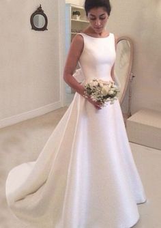 A-line Satin Court Train Sleeveless Bateau V Back Bridal A Line Backless Wedding Dress, Boat Neck Wedding Dress, Sweep Train Wedding Dress, A Line Bridal Gowns, Bow Wedding Dress, Ball Gowns Princess, Back Wedding Dress, Backless Wedding, Wedding Dresses Satin