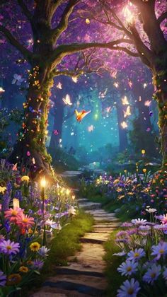 an image of a pathway in the woods with flowers and butterflies flying over it at night