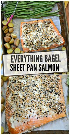 salmon and asparagus on a sheet pan with the words everything bagel sheet pan salmon