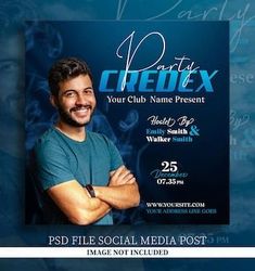 a man with his arms crossed standing in front of a blue background that says private credix your club name present