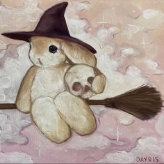 a painting of a teddy bear with a witch's hat holding a skull