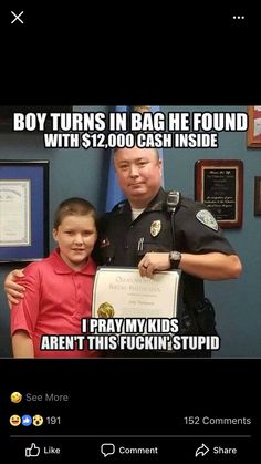 a police officer standing next to a little boy holding a plaque that says boy turns in bag he found with $ 12, 000 cash inside