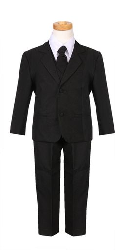 Classic cut formal suit with all the items required for any formal events.  The sets include: White Dress shirt with pin tuck front, fully lined vest, adjustable neck tie, classic cut jacket, formal pants.  The main parts of the suits are made from polyester with the shirt made from a poly-cotton blend.   Your little man will surely be a stand out with this perfect suit in any events. PLEASE SEE OUR PICTURE COLLECTION FOR THE COMPLETE SIZE CHART Product Features: *         5-Piece MATCHING suit set, perfect for all occasion *         Poly-cotton Blend for shirt, 100%polyester for vest and pants *         Elastic band on smaller size, belt loop and button zipper on larger sizes *         The Classic look that is perfect for all occasion formal, or informal FEEL FREE TO CONTACT US FOR ANY QU Fitted Formal Uniform Suit, Black Single-button Suit For Party, Formal Fitted Uniform Sets, Black Single-button Tuxedo For Party, Black-tie Event Blazer With Single Button And Lapel Collar, Black Single Button Three-piece Suit, Black Semi-formal Suits With Hidden Button Closure, Boys Wedding Suits, Formal Pants